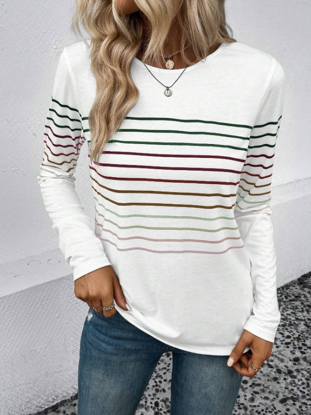 Women's Fashion Striped Printed Round Neck Long Blouses