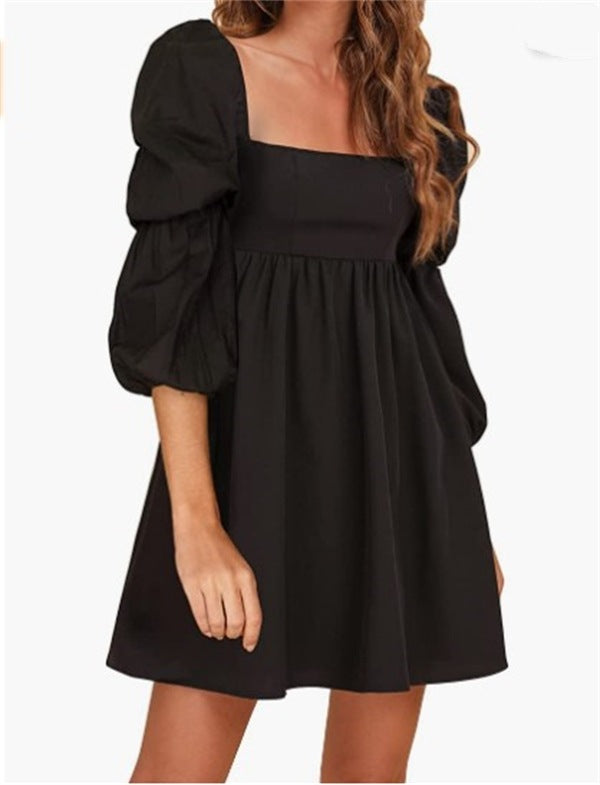 Women's Square Collar Dress Long-sleeved Bubble Casual Dresses