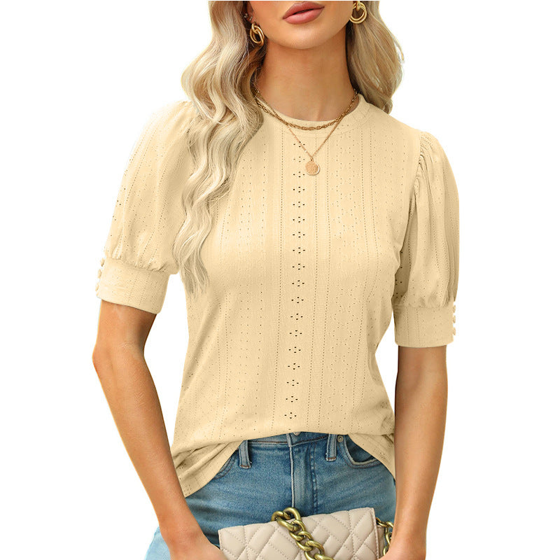 Women's Summer Round Neck Hole Hollow-out Button Blouses