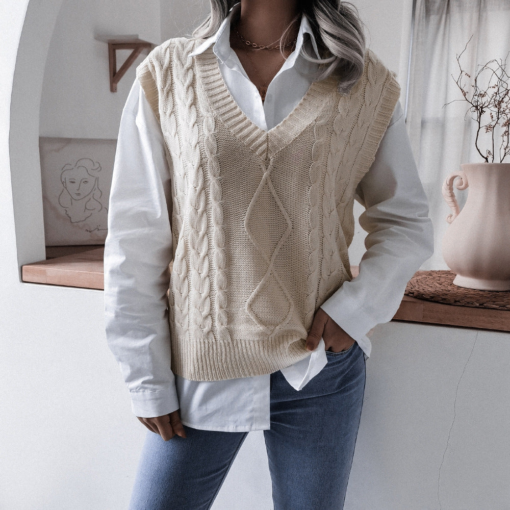 Women's V-neck Twist Casual Loose Knit Sweaters