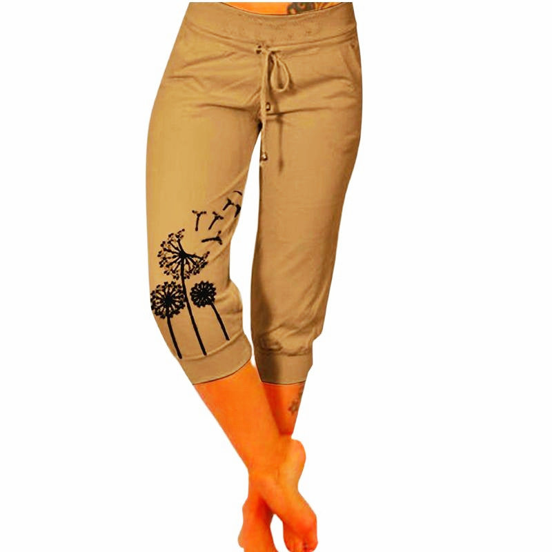 Women's Printed Waist Elastic Drawstring Design Casual Pants