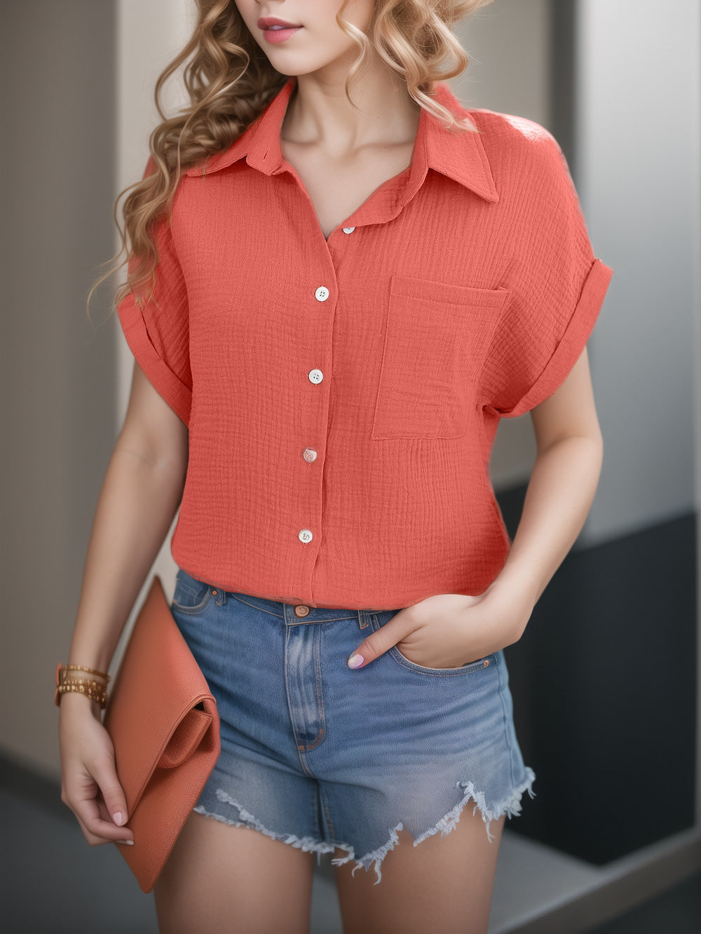 Women's Loose Sleeve Pocket Casual Shirt Shorts