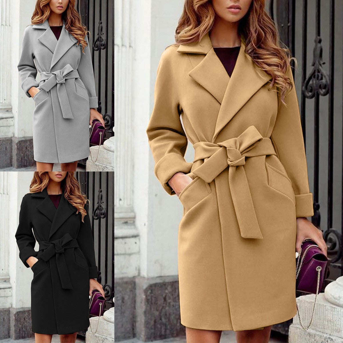 Slouchy Fashion Slim Belt Lapel Woolen Coats