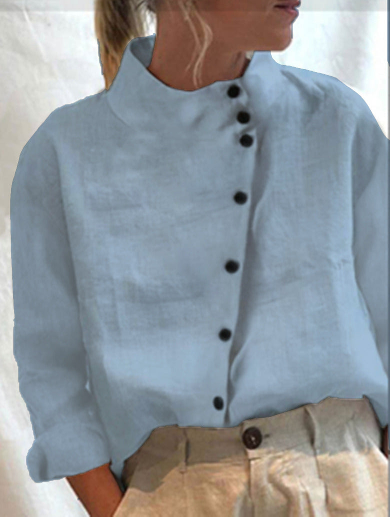 Women's Button Cotton Linen Stand Collar Casual Blouses