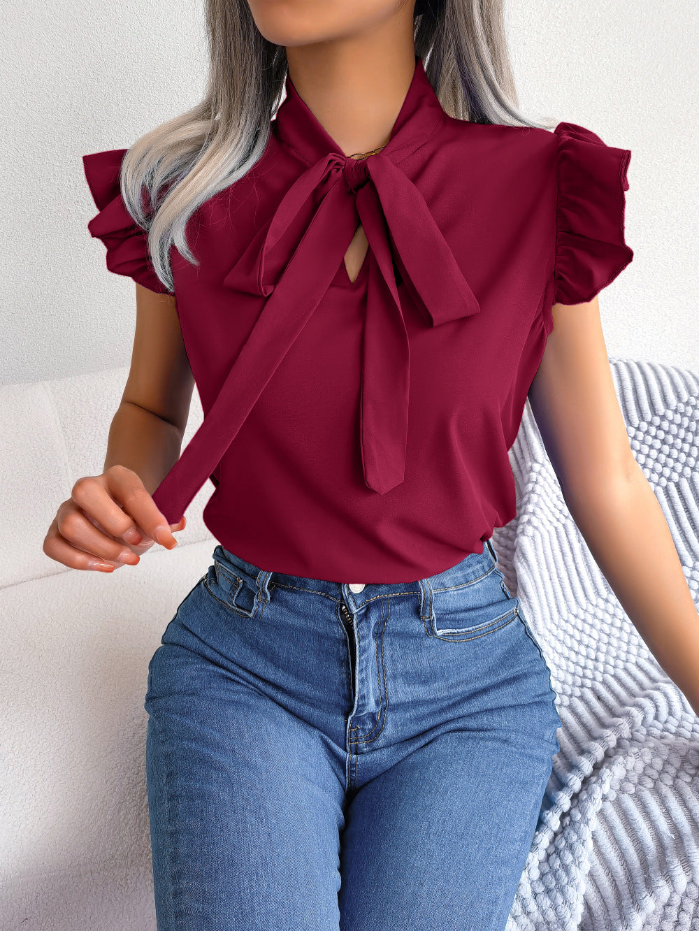 Women's Temperament Commute Stringy Seedge Lace-up Bow Blouses