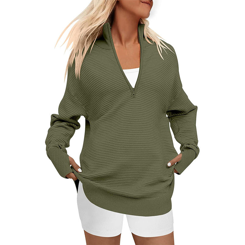 Women's Sleeve Half Zip Casual Rib Knitted Sweaters