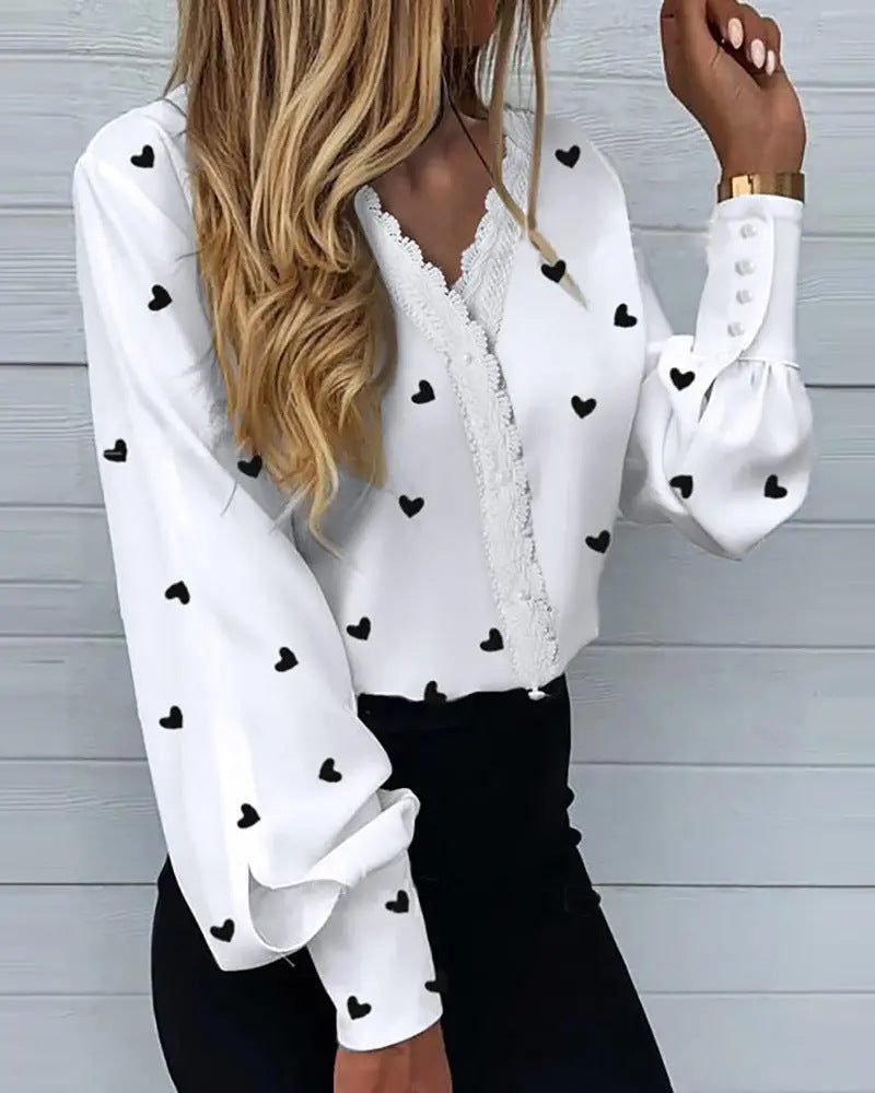 Women's Fashionable Printed Lace Casual Shirt Blouses