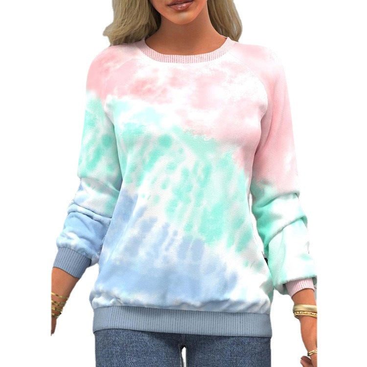 Women's Autumn Tie-dyed Printed Round Neck Raglan Long Sleeve Sweaters