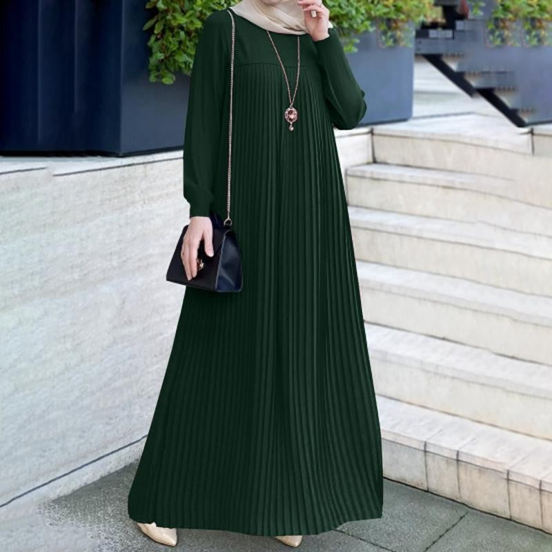 Women's Wear Arabic Style Elegant Pleated Solid Dresses