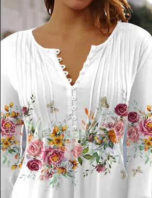 V-neck 3/4 Sleeves Printed Button Waist Blouses