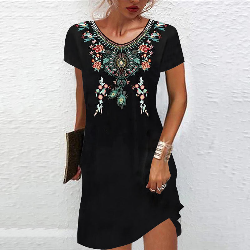 Summer Mid-waist Printed Urban Casual Short-sleeved Dresses