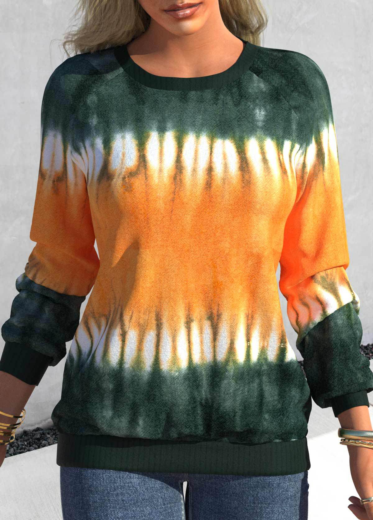 Women's Autumn Tie-dyed Printed Round Neck Raglan Long Sleeve Sweaters