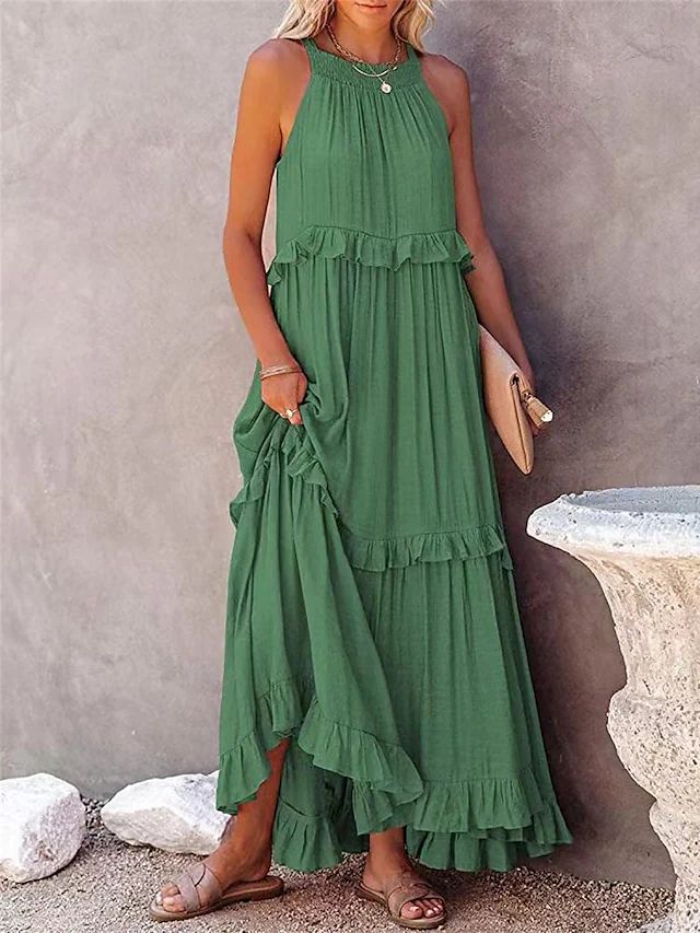 Women's Style Ruffled Long Dress Wide Hem Dresses