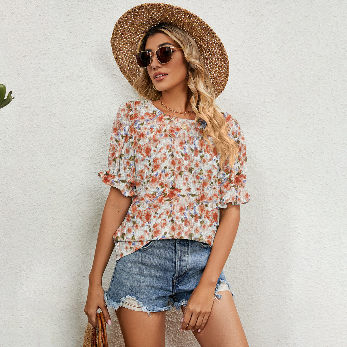 Women's Summer Floral Loose All-match Round Neck Blouses