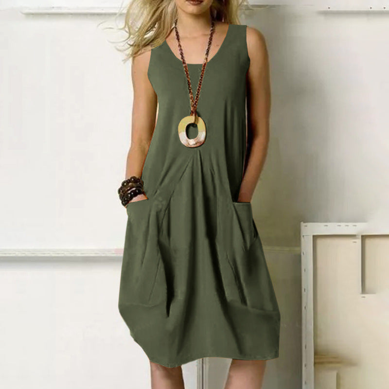 Hem Solid Color Loose Round Neck Dresses