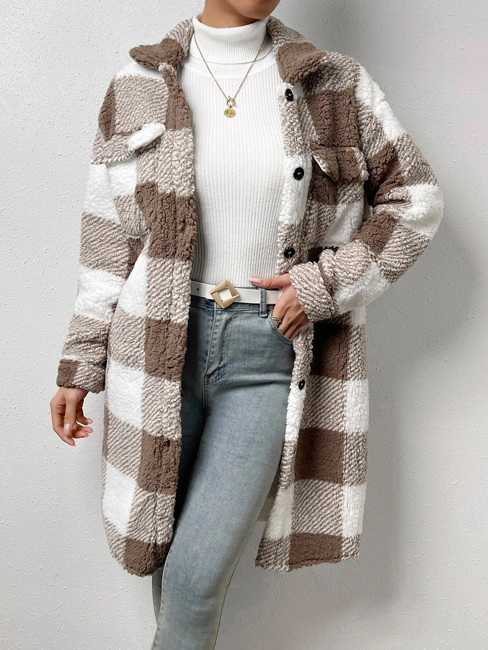 Women's Button Lapel Plush Plaid Loose Temperament Coats