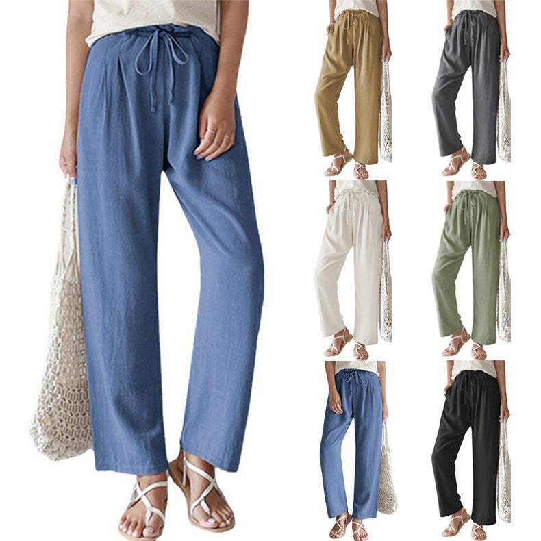 Women's Linen Loose Casual Pure Color Elastic Waist Lace Up Pants