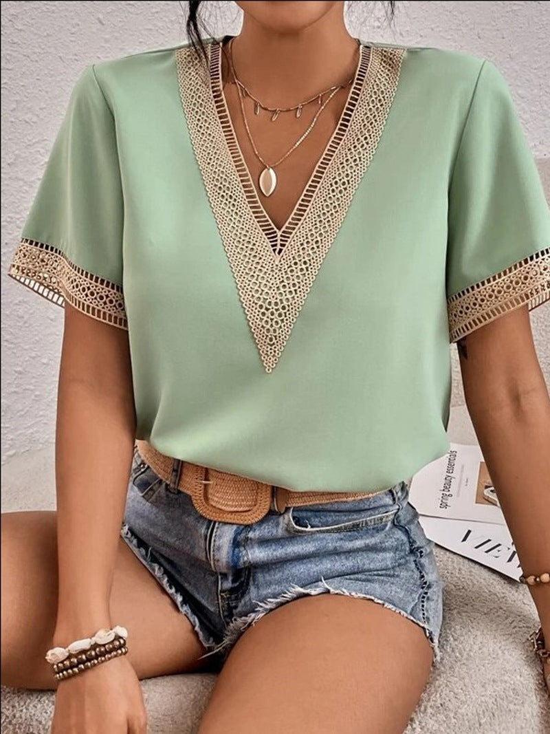 Women's V-neck Lace Casual Solid Color Shirt Blouses