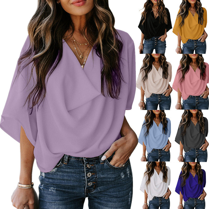 Women's Summer V-neck Loose Half Sleeve Blouses