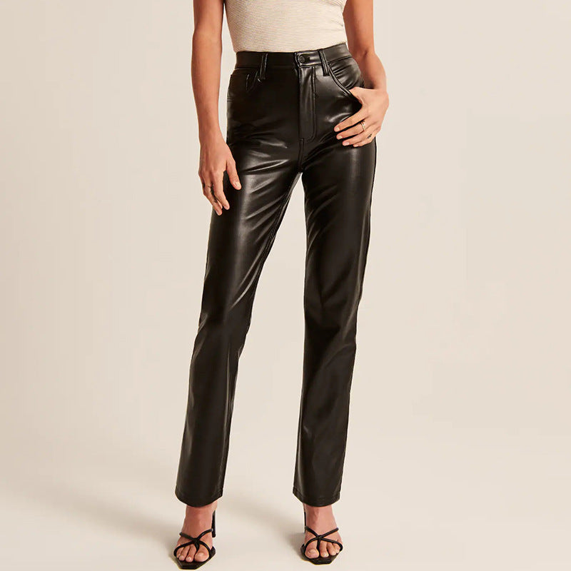 Women's Straight Leather Long Casual Low Waist Pants