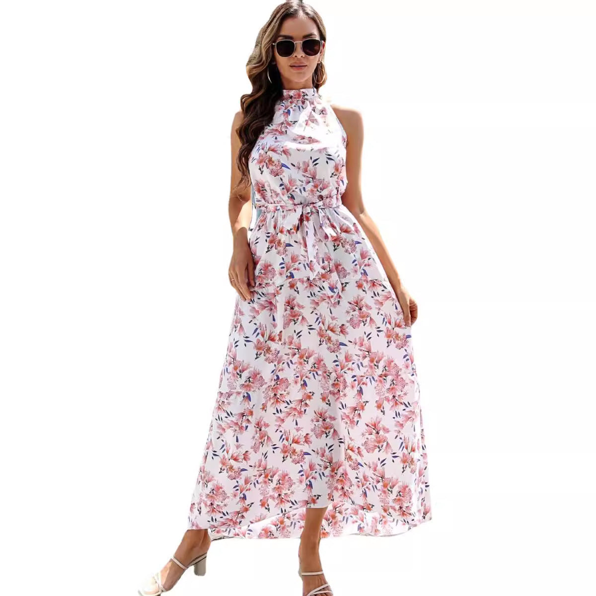 Women's Halter Backless Floral Irregular Swing Printed Dresses