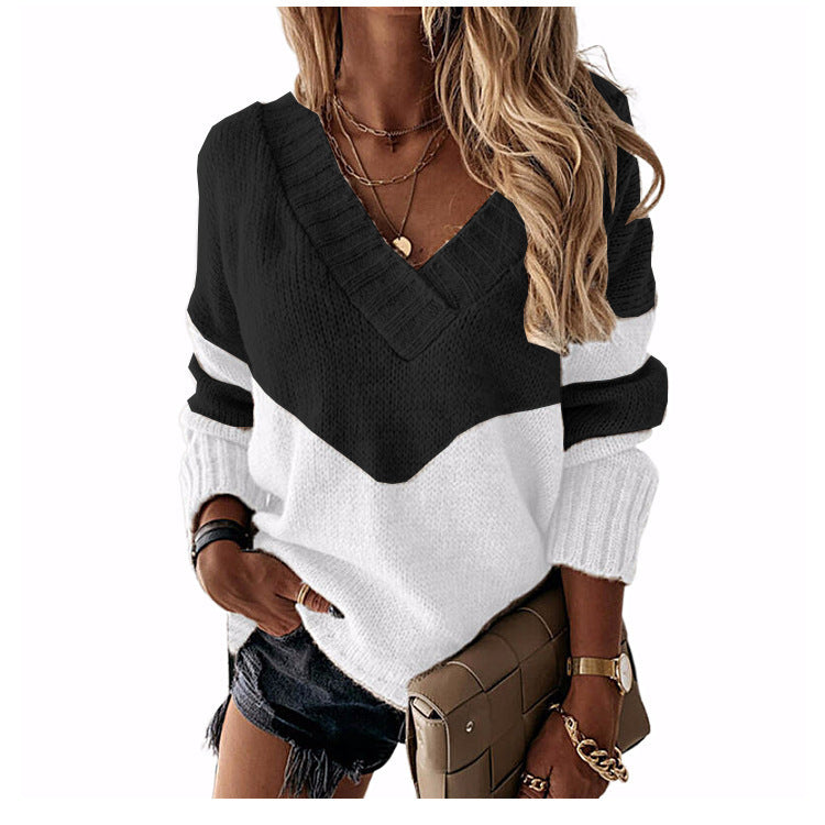 Women's Pullover V-neck Loose Color Matching Contrast Sweaters