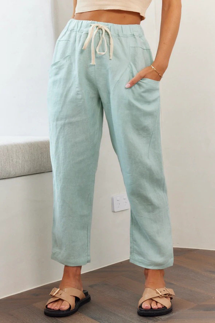 Women's Summer Solid Color Casual Lace Skinny Cotton Linen Pants