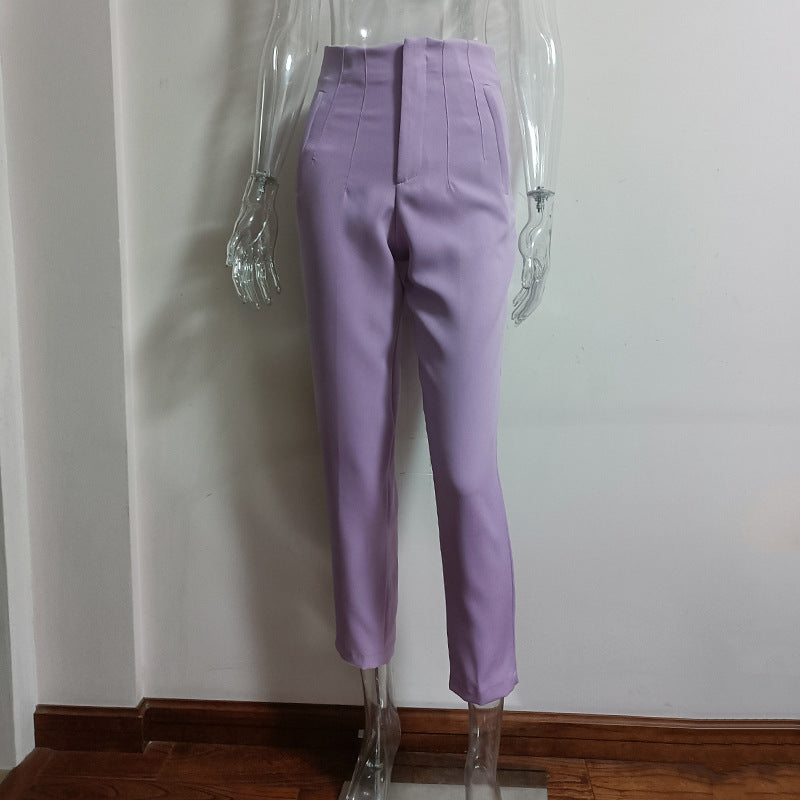 Pleated Casual High Waist Pure Color Pants