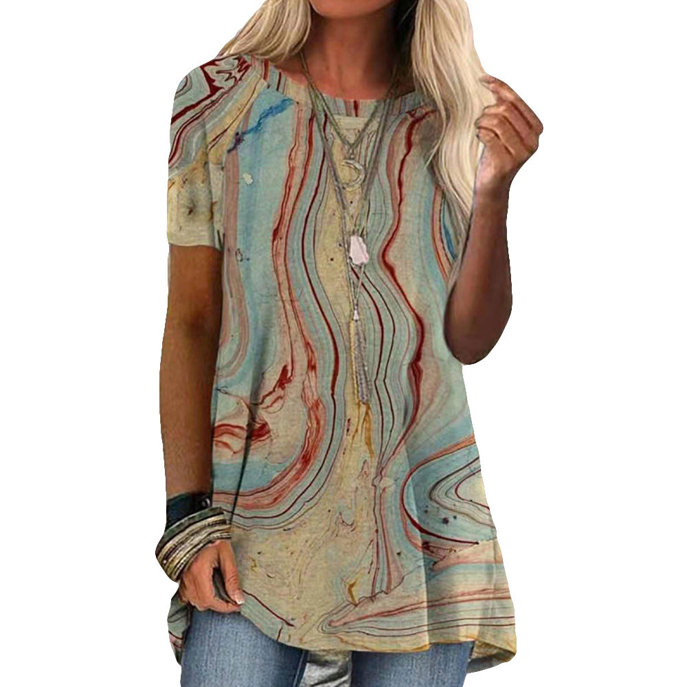 Women's Crew Neck Style Vintage Print Sleeves Blouses