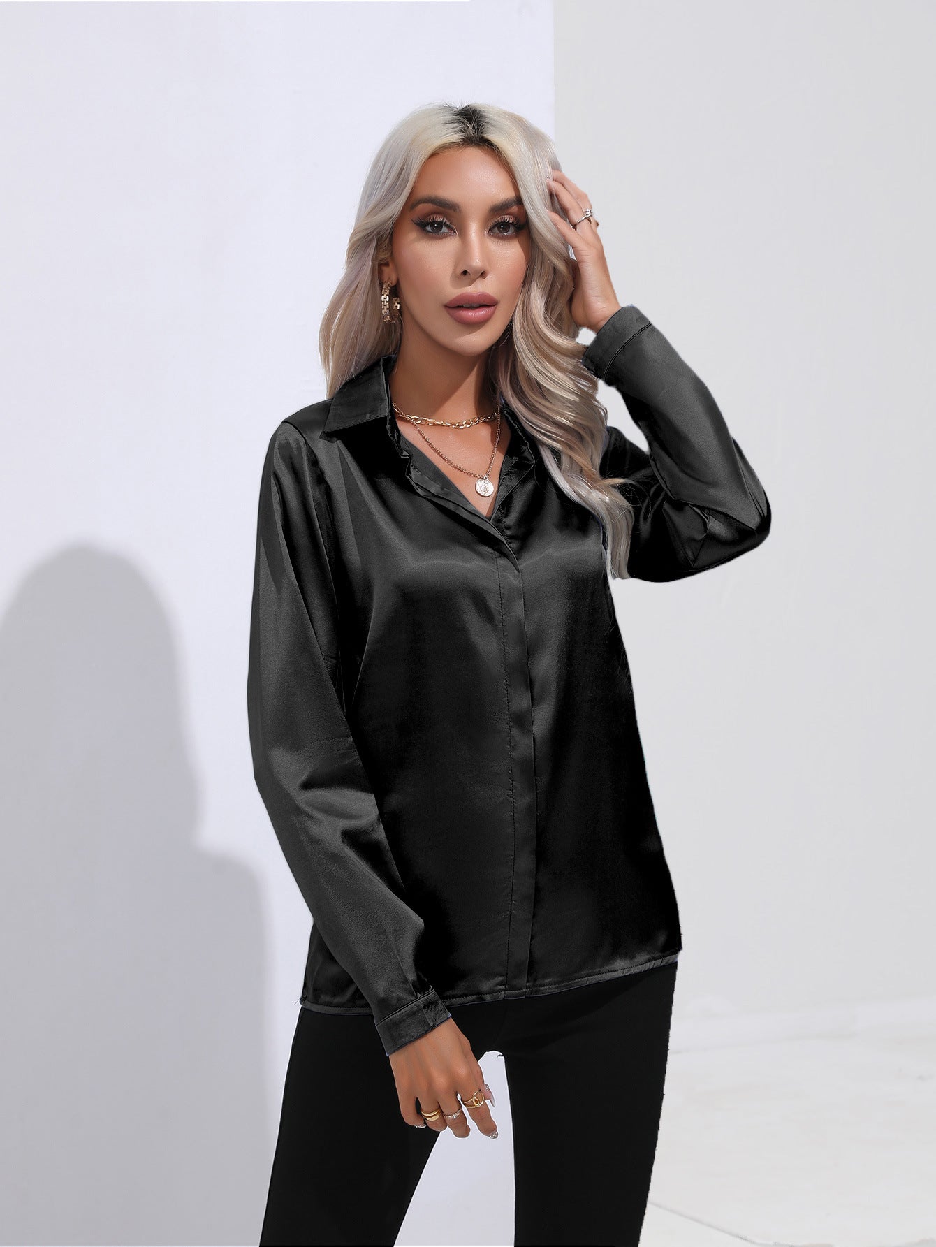 Women's One Button Satin Shirt Long Sleeve Blouses