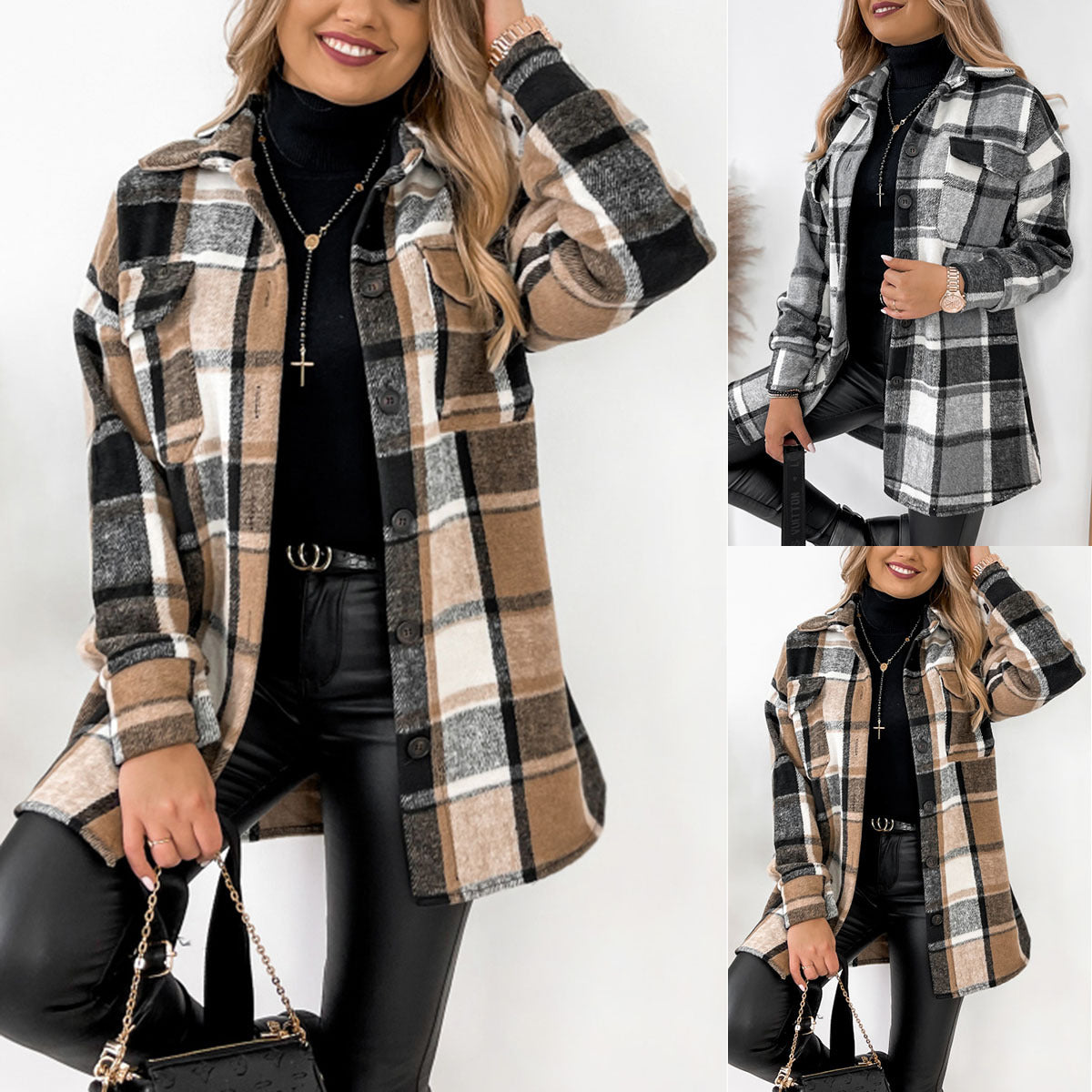 Long Sleeve Single-breasted Plaid Printed Collar Coats