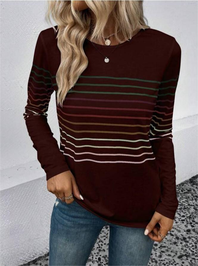 Women's Fashion Striped Printed Round Neck Long Blouses