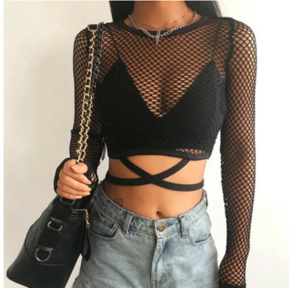 Women's Fashionable Mesh Round Neck Hollow Out Blouses