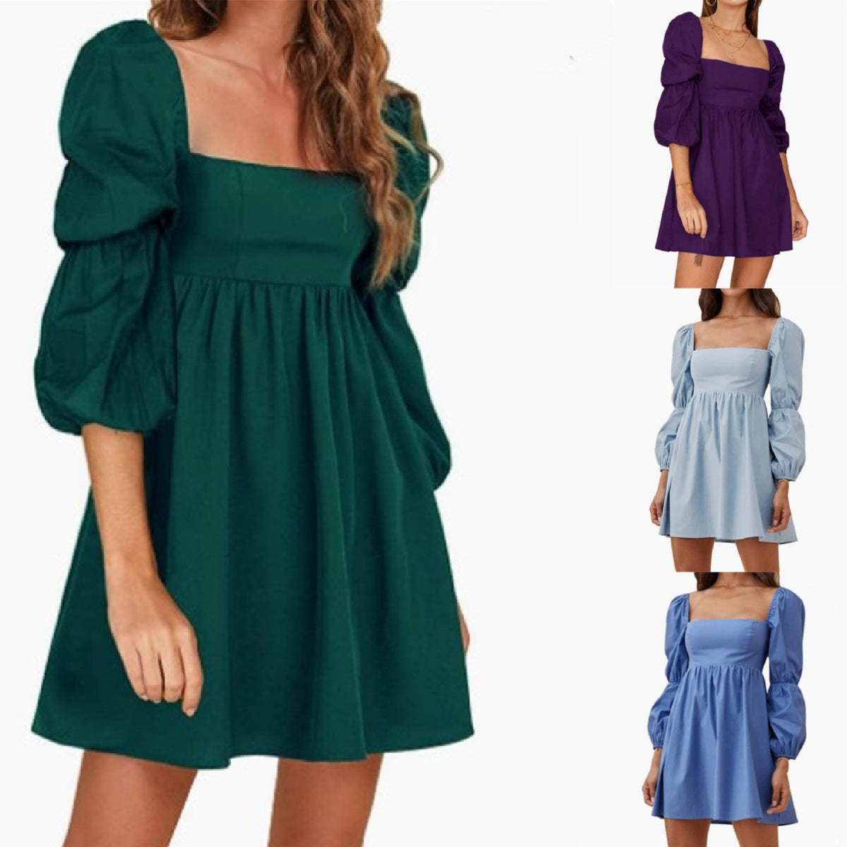 Women's Square Collar Dress Long-sleeved Bubble Casual Dresses