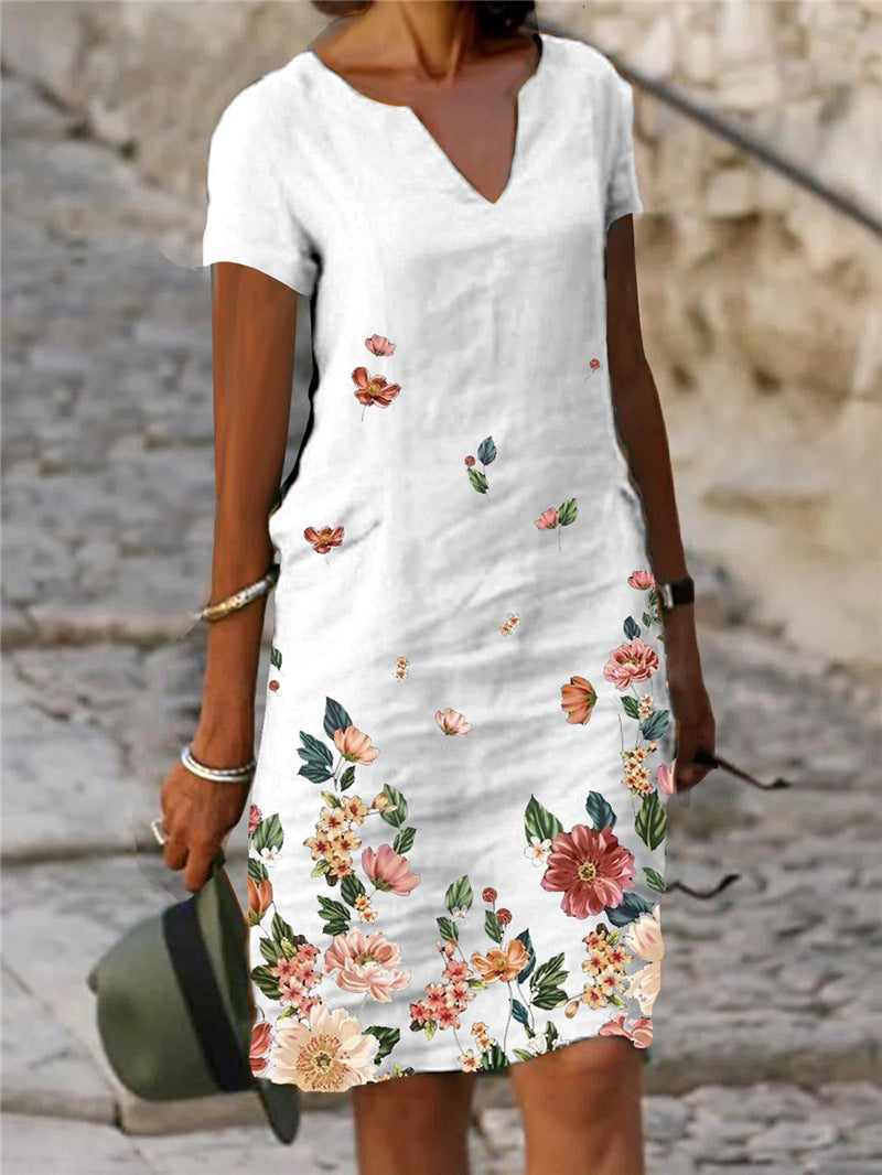 Women's Floral Printed Linen Sleeve Midi V-neck Dresses