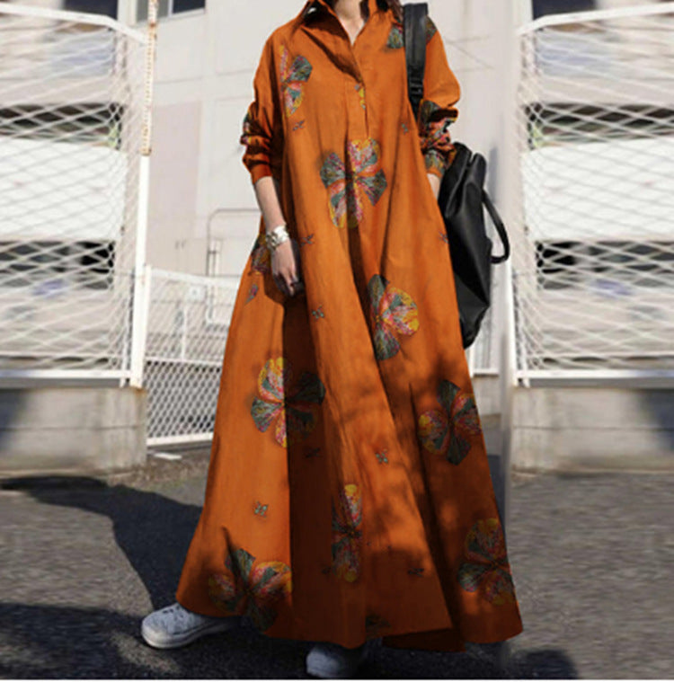 Women's Autumn Print Cotton Linen Retro Ethnic Dresses