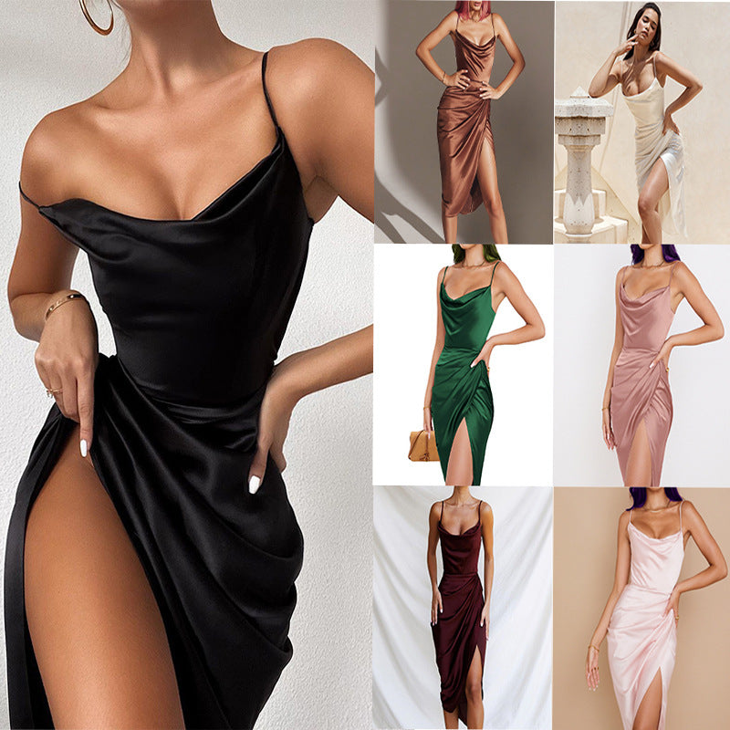 Fashion Sexy Slit Satin Dress Slim Dresses