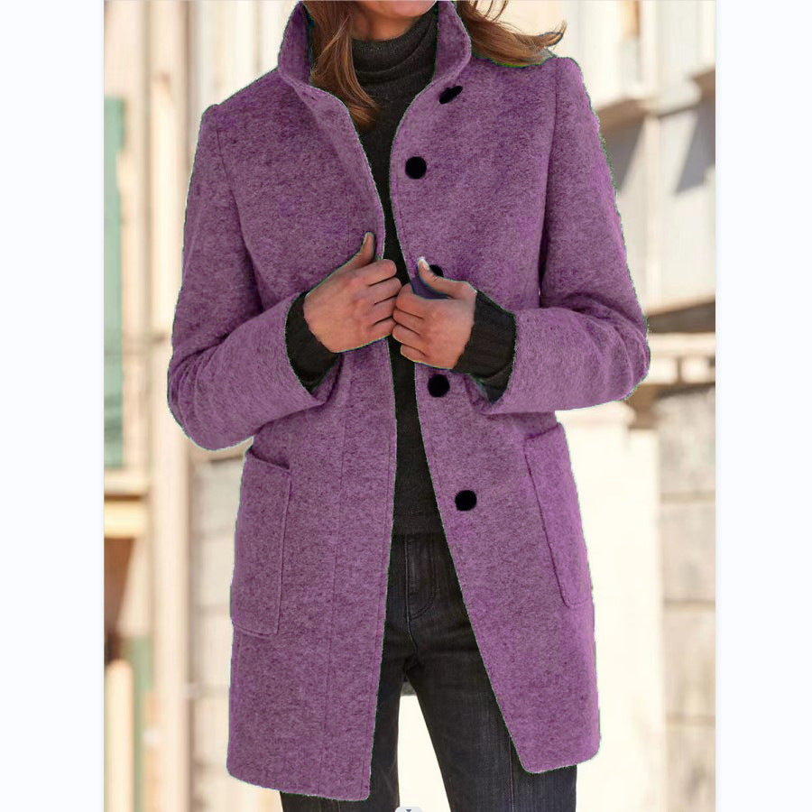 Women's Retro Solid Color Buttons Stand Collar Coats