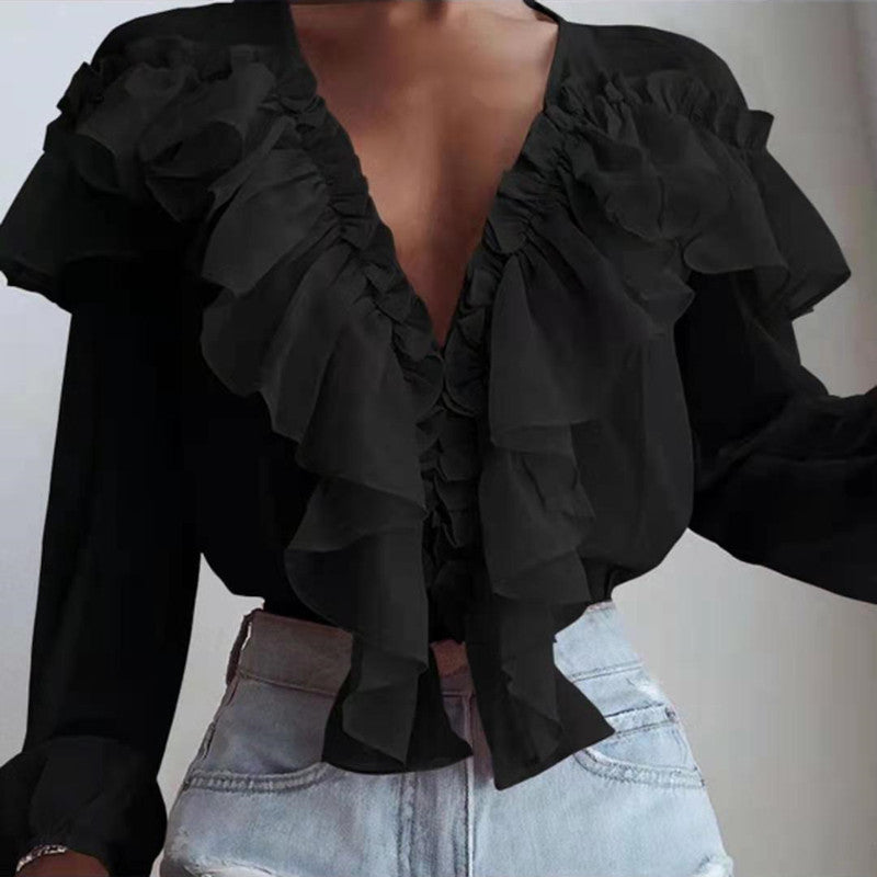 Ruffled Loose Pullover Chiffon Shirt White Blouses