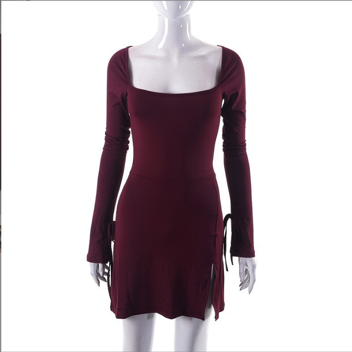 Women's Long Sleeve Solid Color Square Collar Slim Dresses