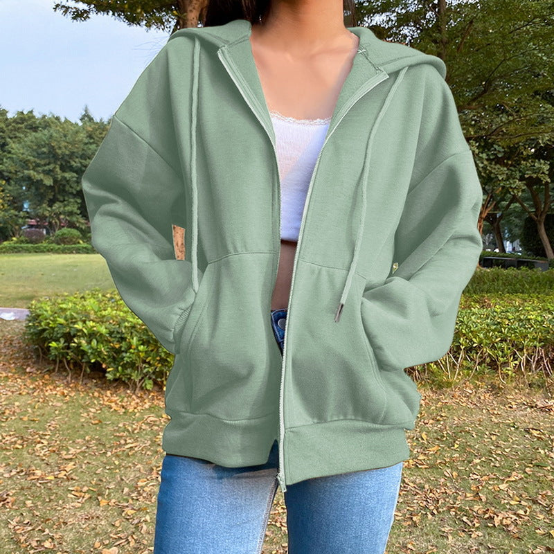 Women's Solid Color Hooded Fleece-lined Long-sleeved Loose Coats