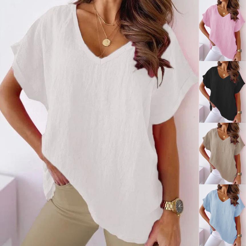 Women's Batwing Sleeve V-neck Solid Color Cotton Linen Blouses