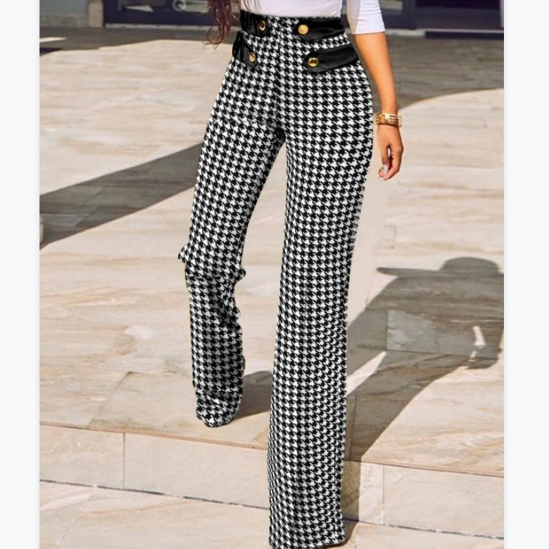 Women's Plaid Printed Straight Temperament Commute Black Pants