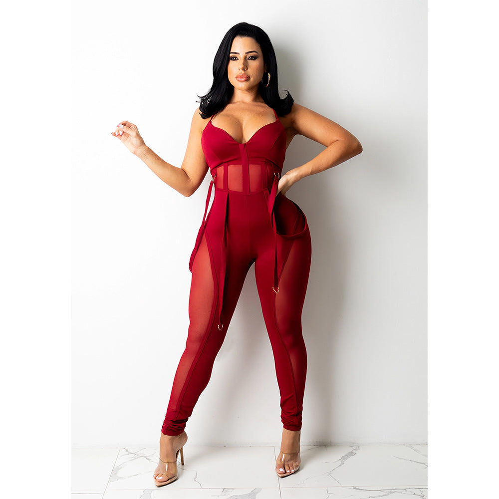 Women's Autumn Mesh Sexy Suspender Trousers Pants