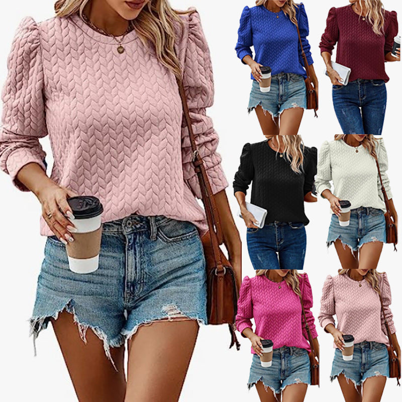 Women's Texture Loose Long Sleeve Round Neck Blouses