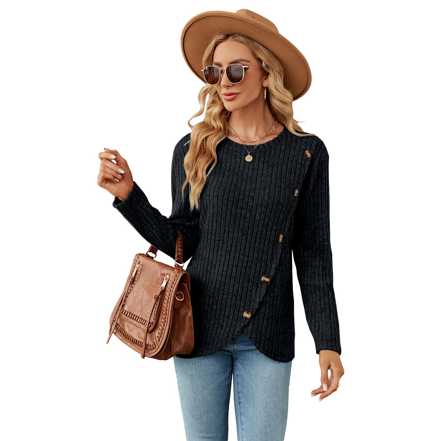 Long Sleeve Round Neck Tulip Hem Blouses