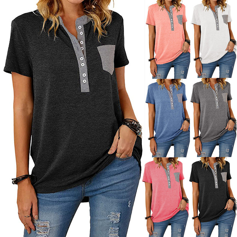 Women's T-shirt Summer Pocket Single-breasted Loose Casual Blouses