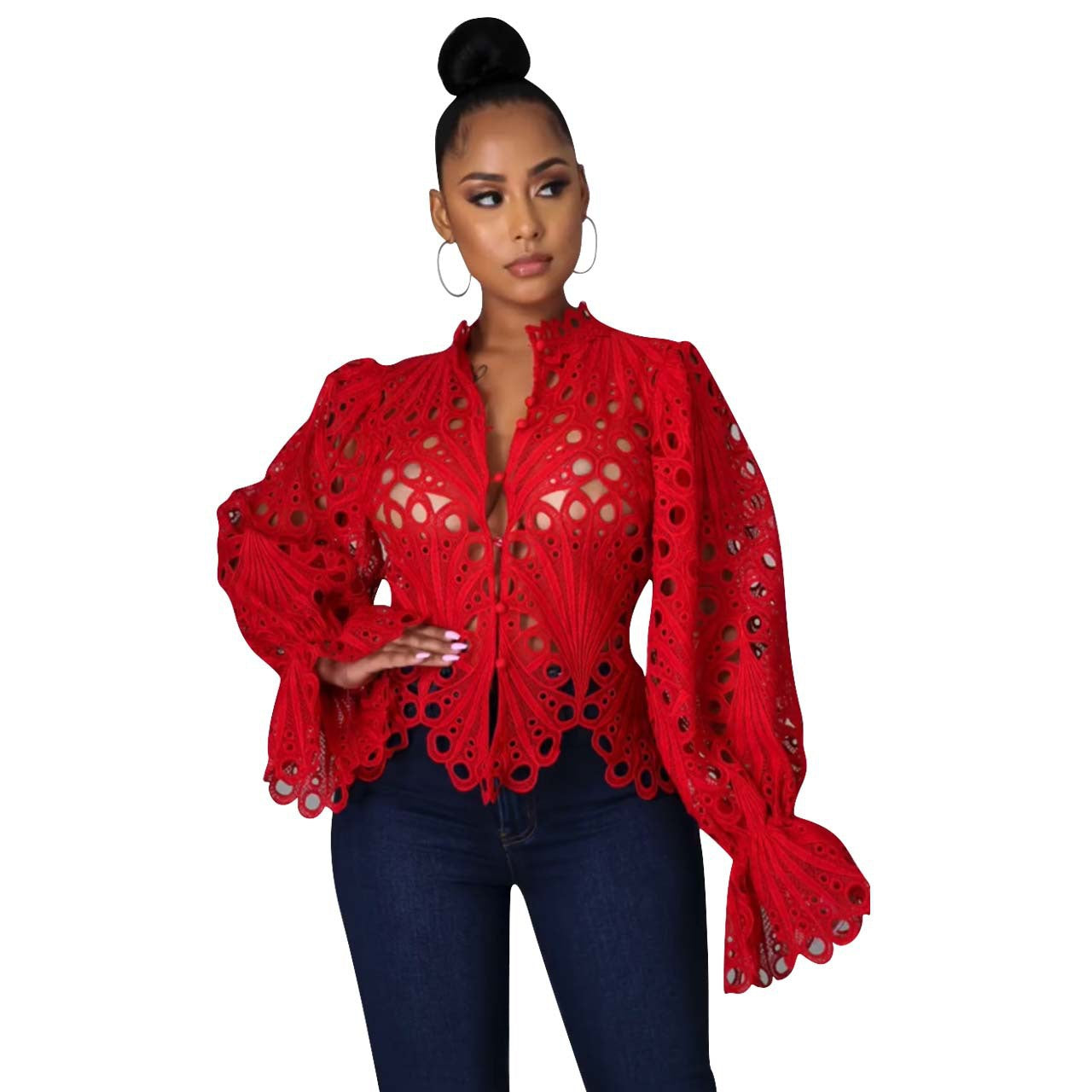 Women's Autumn Ripped Sexy Flare Sleeve Breathable Blouses