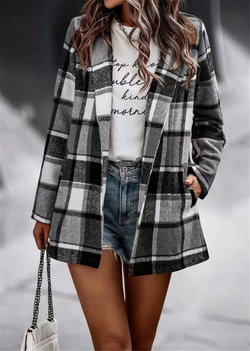 Women's Loose Printed Long Sleeve Pocket Woolen Coats