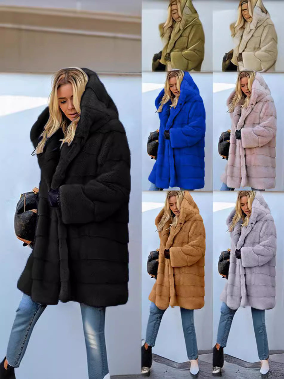 Color Loose Plush Hooded Imitation Fur Coats